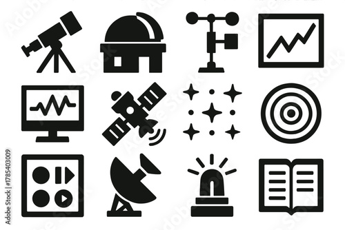Bold Observatory Icons. Scientific Observatory bold vector icon set: telescope, dome roof, weather station, graph, data monitor, satellite, star grid, planetary chart, control
