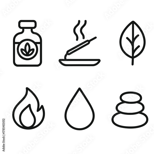 Wellness Icons Display. Wellness Scents outline icon set: aroma bottle, incense stick, leaf, flame, water droplet, pebble.