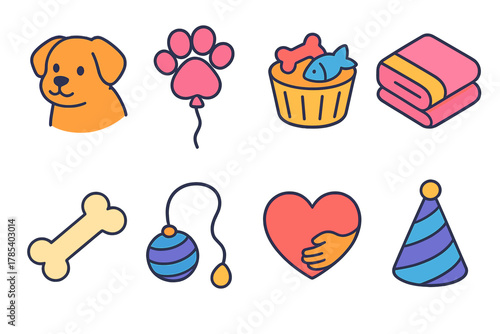 Furry Friends Icons. Furry Friends Celebration modern flat icon set: cuddly pets, paw-shaped balloon, pet treats, cozy blanket, dog bone, cat toy, friendship heart, festive hat.