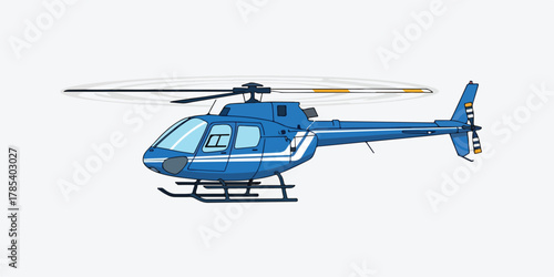 A blue helicopter with white stripes and rotating blades is depicted in a side view illustration.