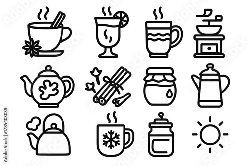 Spiced Drinks Icons. Spiced Global Drinks outline icon set: masala chai cup, mulled wine glass, atole mug, ginger tea pot, cloves and cinnamon bundle, citrus slice, honey jar,