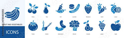 Fruit and Vegetables icon collection set. Containing Cherry, Pear, Chili, cucumber, Strawberry icon