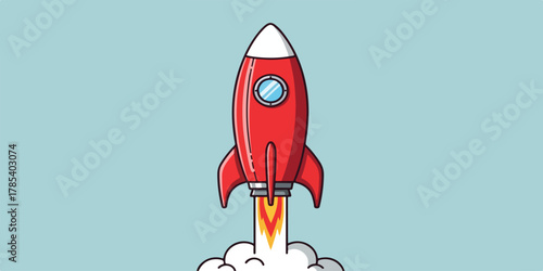Cartoon illustration of a red and white rocket ship launching upwards with flames and smoke against a light blue background.