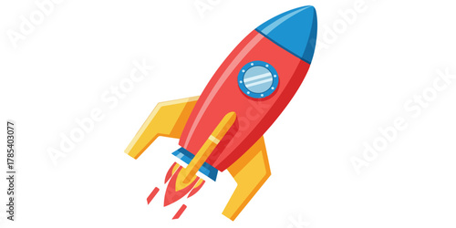 Cartoon illustration of a red and blue rocket ship blasting off with orange and yellow flames, isolated on a white background.