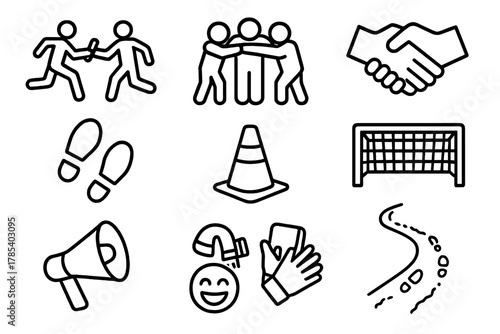 Group Activity Icons. Group Activities outline icon set: relay race, team huddle, handshake, footprints, cone marker, goal post, megaphone, laughing face, gloves, scarf, energy
