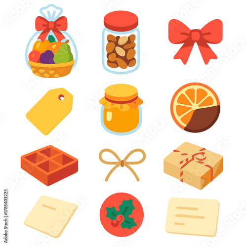 Festive Fruit Gift Icons. Holiday Fruit Gifts modern flat icon set: wrapped fruit basket, glass jar of nuts, tied ribbon, tag label, honey jar, dried fruit wheel, chocolate-dipped