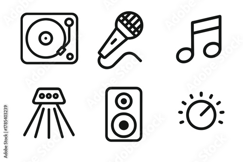 Party Icon Set. Party Sound Equipment outline icon set: turntable, microphone, music note, speaker, light beam, knob.