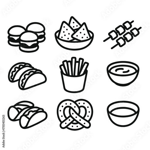 Casual Snack Icons. Casual Bites outline icon set: sliders, nachos, skewers, dipping sauce, mini tacos, fries cup, pretzel twist, dipping bowl.