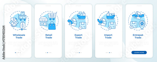 Forms of trade blue onboarding mobile app screen. Import management. Walkthrough 5 steps editable graphic instructions with linear concepts. UI, UX, GUI. Montserrat SemiBold, Regular fonts used