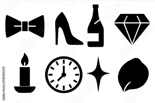 Elegant Night Icons. Elegant Night Out bold vector icon set: bow tie, high heel, champagne bottle, diamond, candle, clock, sparkle, rose petal.