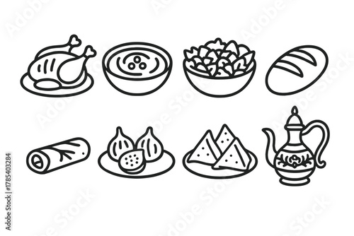 Middle Eastern Cuisine Icons. Middle Eastern Festive Meals outline icon set: grilled chicken, hummus spread, fattoush salad, bread loaf, dolma roll, fig plate, samosa pastry,