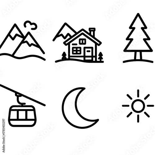 Winter Mountain Icons. Scenic Escapes outline icon set: mountain view, chalet, pine tree, frozen lake, ski lift, moon, glow, star.