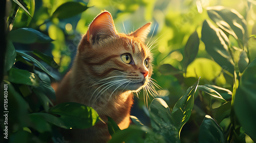 Fototapeta Naklejka Na Ścianę i Meble -  A cat is looking at the camera in a green bush