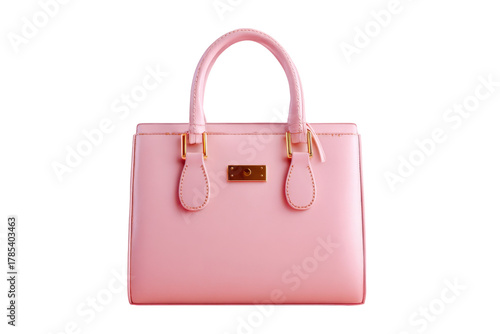 Pink leather handbag with gold hardware on black background image