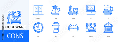 houseware icon collection set. Containing Window, Kettle, Frame, Tv, Jug icon