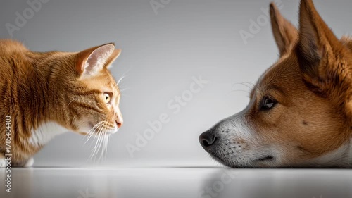 Close-up cat staring calmly at dog against extremely clean empty negative space, modern premium editorial minimal, cat and dog minimalist scene