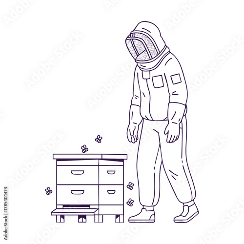 Beekeeper in Protective Suit – Agriculture Line Art