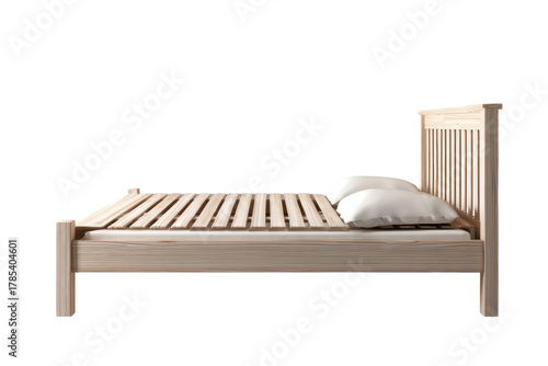 Light wood slatted bed frame with white pillows on black background furniture mattress