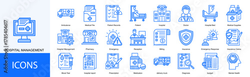 hospital management icon collection set. Containing Patient, hospital, Doctor, Hospital Bed, Medical Supplies icon