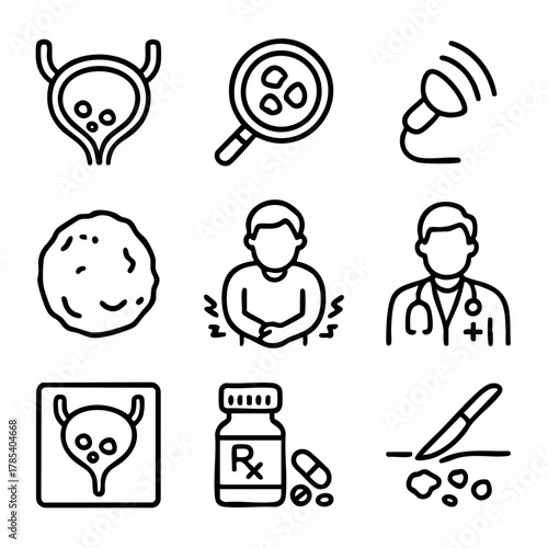 A set of doodle line icons illustrating bladder stones, diagnosis tools, symptoms, doctors, medications, and surgical treatment methods