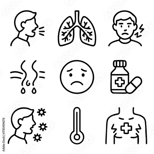 A set of doodle line icons showing symptoms of cold, flu, sore throat, coughing, fever, infection, and respiratory issues