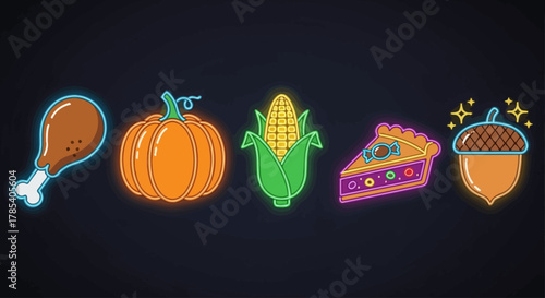 Neon Pop Thanksgiving Flat Icon Set. Glowing Turkey, Candy Pie, and Bright Harvest