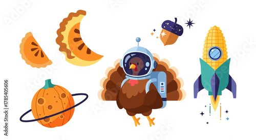 Thanksgiving Space Journey Flat Icon Set. Astronaut Turkey, Pumpkin Planet, and Pie Moon