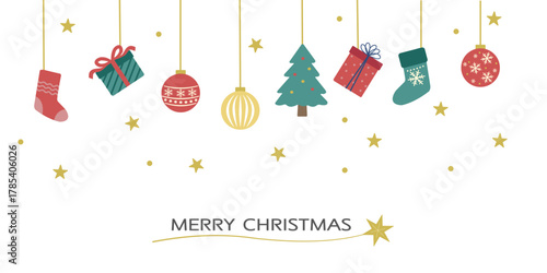 クリスマスバナーのイラスト　ツリーとオーナメントとプレゼントの背景　白背景・透過素材