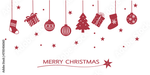 モノクロのクリスマスバナーのイラスト　ツリーとオーナメントとプレゼントの背景　白背景・透過素材