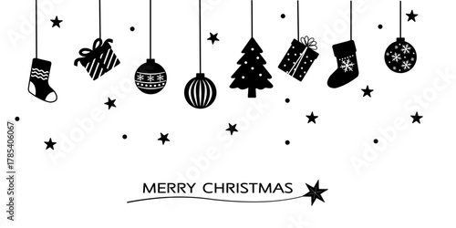 モノクロのクリスマスバナーのイラスト　ツリーとオーナメントとプレゼントの背景　白背景・透過素材