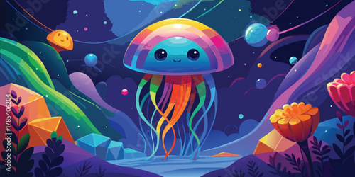 Whimsical jellyfish floats serenely in a dreamy, colorful, and surreal landscape