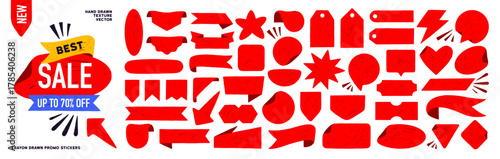 Promo tag label stamps and adhesive stickers with crayon texture. Hand drawn red funky promotion badges for discount and promo design. Perfect for text callouts, template stickers.