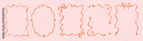 Doodle whimsical coquette frames and borders with bows and hearts. Hand drawn rectangle decorative borders for wedding invitation. Bachelorette party whimsical red frames with crayon texture.