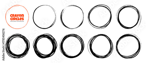 Scribbled circle ring frames drawn with crayon or chalk. Round pencil outlines for emphasie design, hand drawn notes and to outline text. Vector texture grunge circles different thickness.