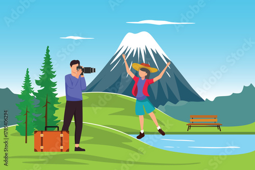 Travel experience happy couple taking pictures on the mountain. Travel Experience Concept. Colored flat vector illustration isolated
