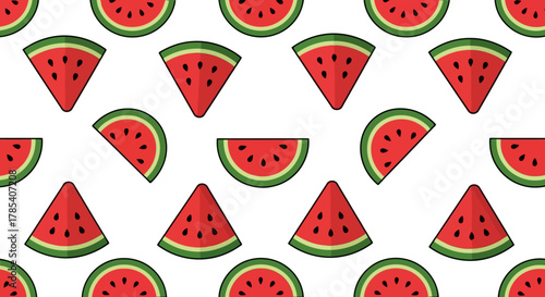 Vibrant seamless pattern of fresh red watermelon slices, triangular and half-moon shapes with black seeds on a white background. Ideal for summer, healthy food, and cheerful fruit illustrations