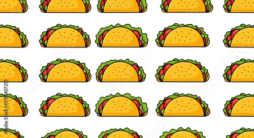 An inviting and appetizing array of cartoon Mexican tacos forms a delightful seamless pattern, ideal for restaurant decor, food packaging, and festive event backdrops