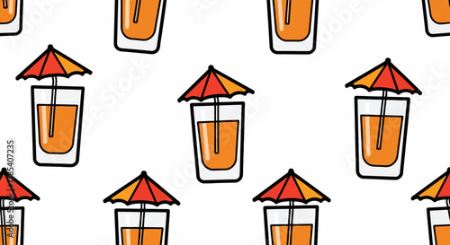 Refreshing summer tropical drink seamless pattern featuring a cartoon cocktail with an orange juice and a decorative umbrella, perfect vector illustration for a beach party background