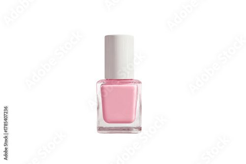 Clear glass bottle of pale pink nail polish with white cap image