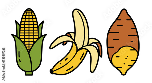Corn, Banana and Sweet Potato Icons Healthy Food Essentials