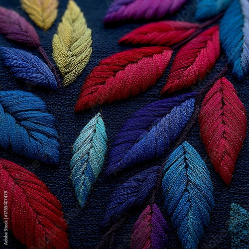 Vibrant embroidered leaves in various shades of blue and red embroidery needlework
