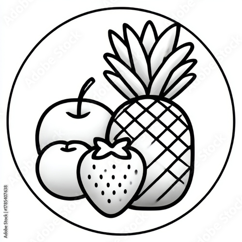 Assortment of fruits (apple, strawberry, pineapple), fresh and healthy, for nutrition or natural food concepts in a circular icon against a white background