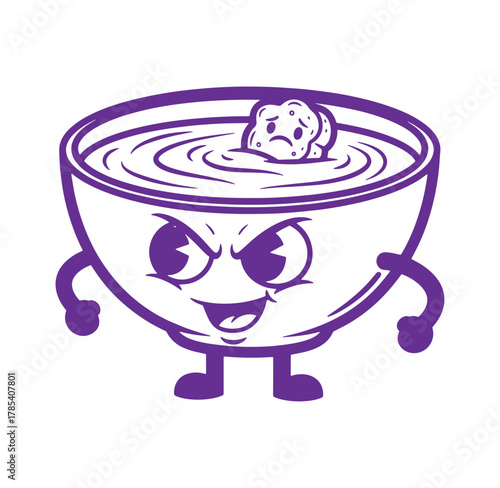 Cartoon soup bowl character with angry expression and a sad crouton floating