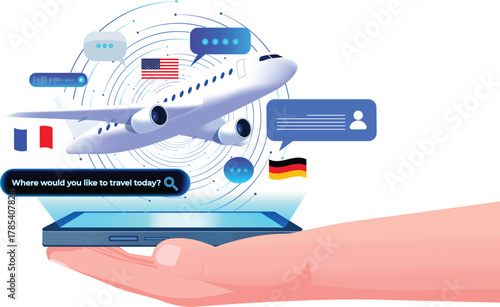 Advanced search automation and 24/7 digital business support designed to make your journey effortless and connected. Travel assistance with futuristic AI-powered chatbot for smartphones. Futuristic
