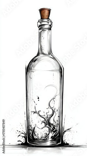 Ink sketch of a glass bottle with a cork, black and white, representing containment and potential, with copy space