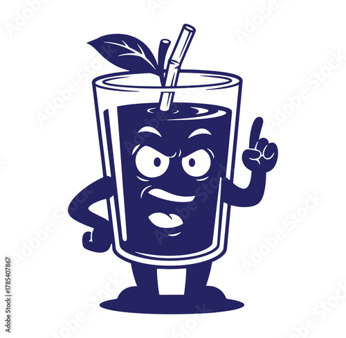 Cartoonish angry juice character pointing a finger illustrating beverage concept