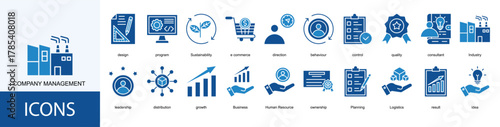 company management icon collection set. Containing design, program, Sustainability, e commerce, direction, behaviour, control, quality icon
