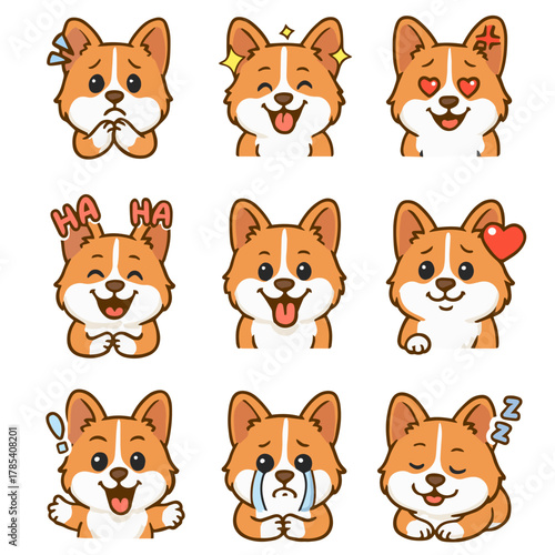 A set of cute anime dogs illustrations doing different activities with different expressions.Stickers or badges. Corgi
