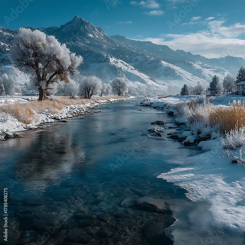 Winter river flows through snow covered landscape with frosted trees and mountains
