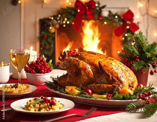 Festive holiday dinner table with roasted poultry and fireplace